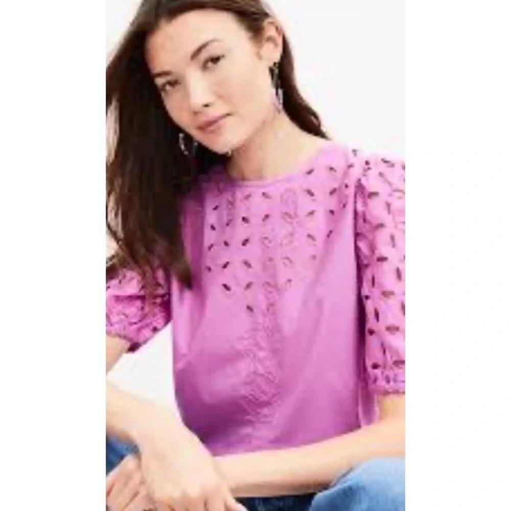 Ann Taylor LOFT Embroidered Eyelet Poplin Puff Sleeve Blouse Lilac XSP Xs p